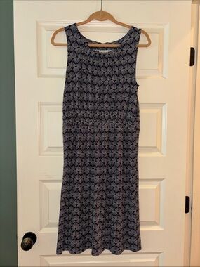 LL Bean Sleeveless Navy Ginko-Leaf Print Dress
